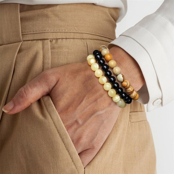 3PCS Yellow Jade Healing Crystal Natural Stone Beaded Stretch Bracelet for Women - Picture 3 of 6